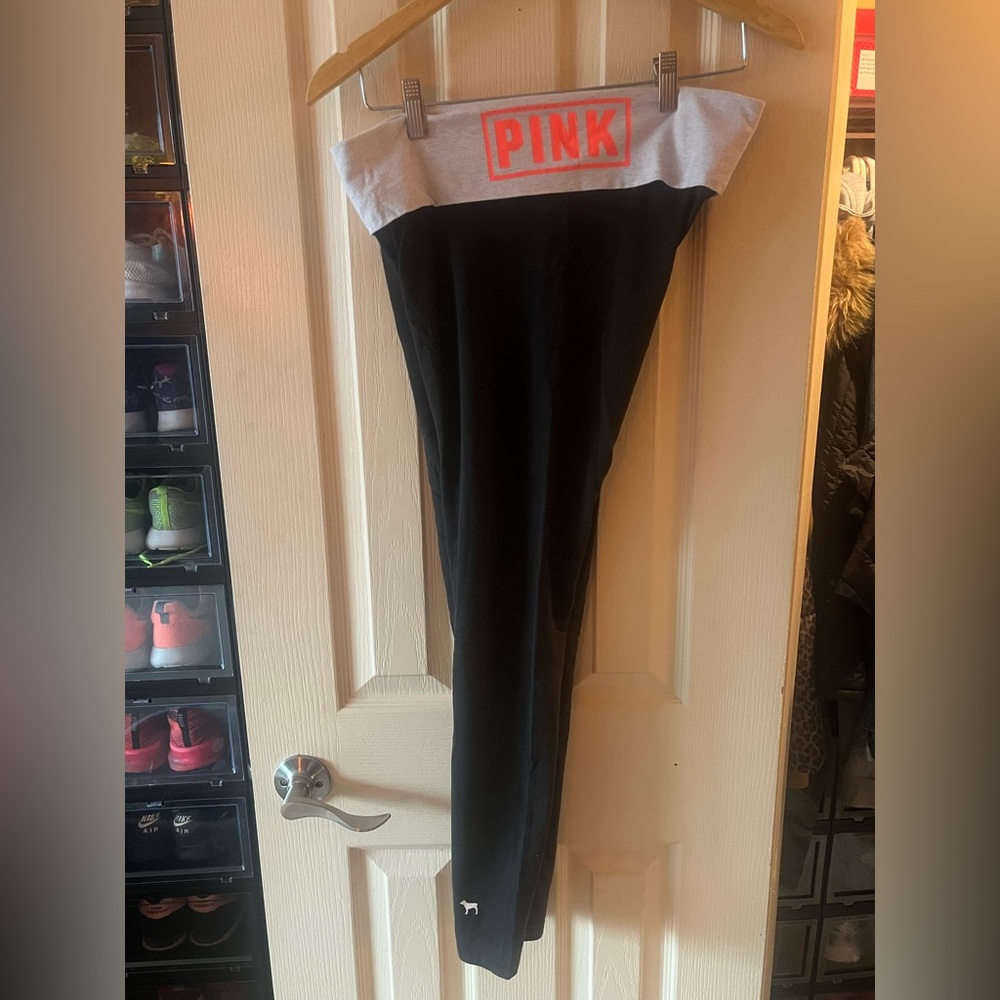 PINK -Victoria Secret -Black leggings w/ Bright Orange “PINK” LOGO- Size Medium